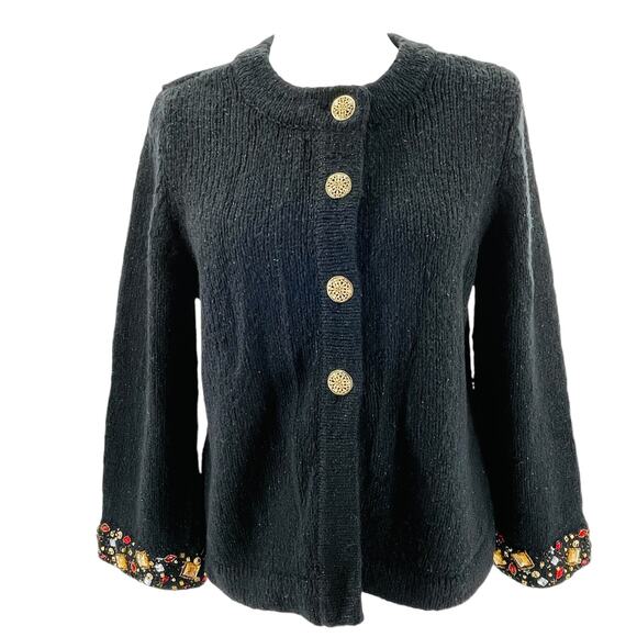 Laura Ashley Black Knit Button Front Embellished Cuffs Cardigan Sweater PL NWT - Picture 1 of 11
